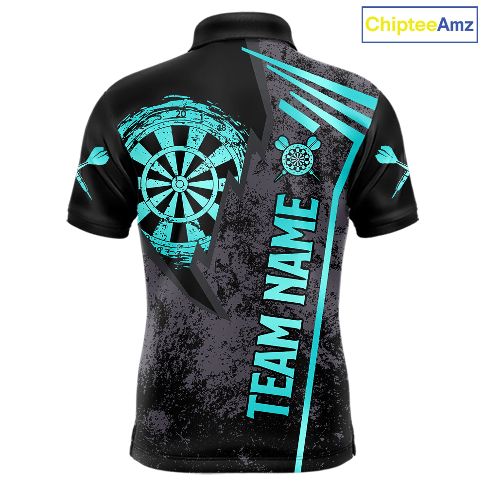 Personalized Teal Grunge Dartboard Darts Polo, Quarter Zip Shirt For Men Custom Darts Team Jersey TDM8047