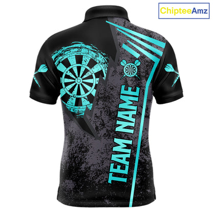 Personalized Teal Grunge Dartboard Darts Polo, Quarter Zip Shirt For Men Custom Darts Team Jersey TDM8047