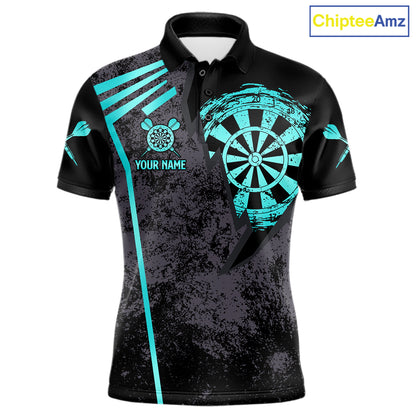 Personalized Teal Grunge Dartboard Darts Polo, Quarter Zip Shirt For Men Custom Darts Team Jersey TDM8047