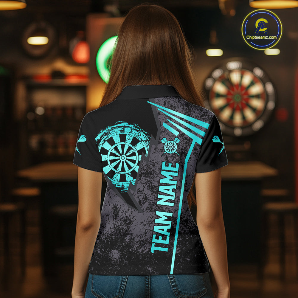Personalized Teal Grunge Dartboard Darts Polo, Quarter Zip Shirt For Women Custom Darts Team Jersey TDM8047