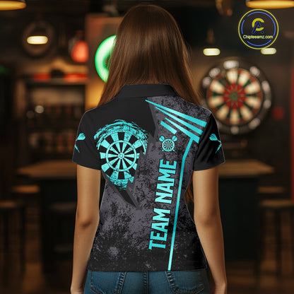 Personalized Teal Grunge Dartboard Darts Polo, Quarter Zip Shirt For Women Custom Darts Team Jersey TDM8047