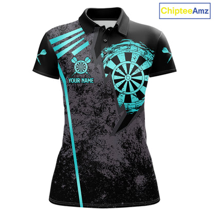 Personalized Teal Grunge Dartboard Darts Polo, Quarter Zip Shirt For Women Custom Darts Team Jersey TDM8047
