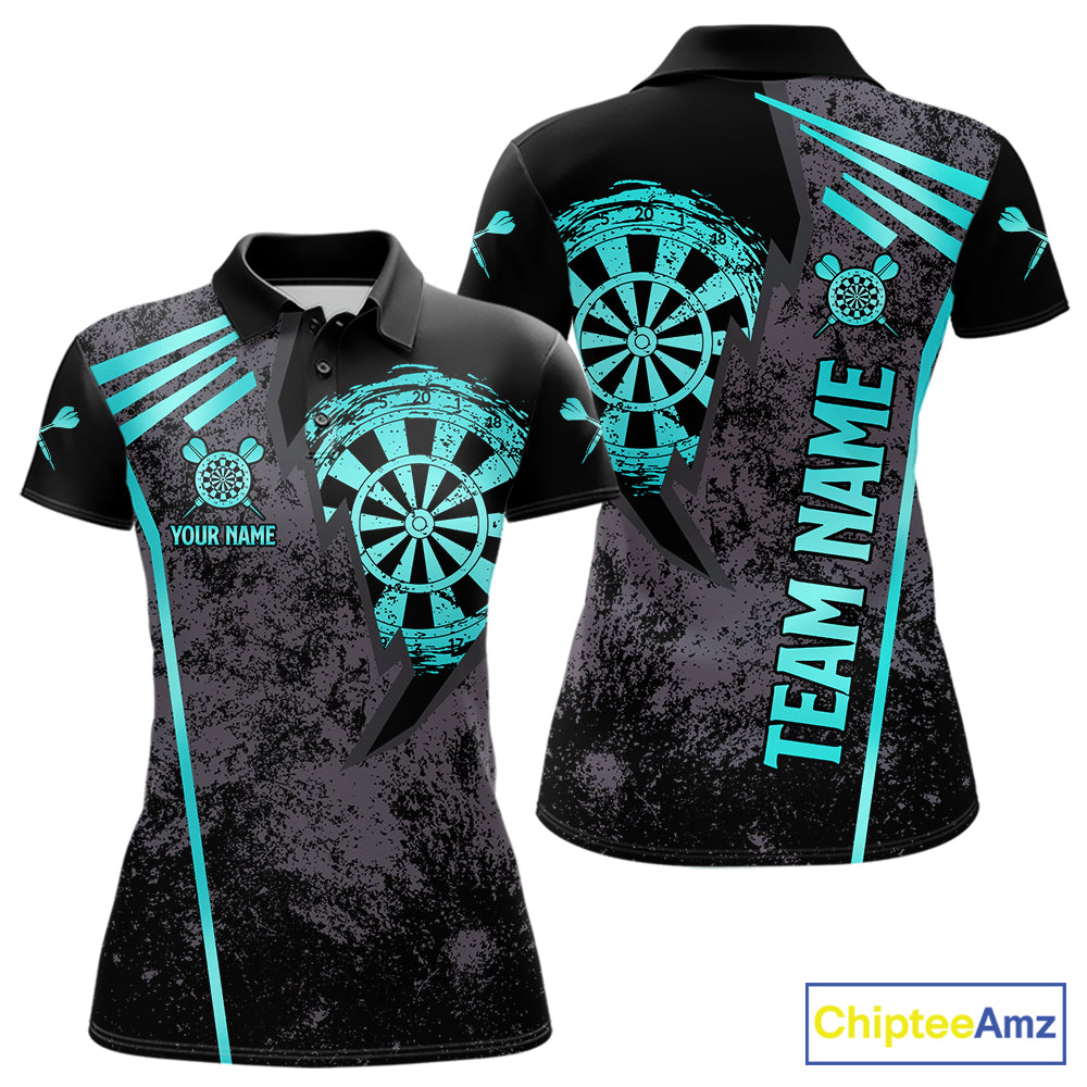 Personalized Teal Grunge Dartboard Darts Polo, Quarter Zip Shirt For Women Custom Darts Team Jersey TDM8047