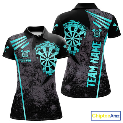 Personalized Teal Grunge Dartboard Darts Polo, Quarter Zip Shirt For Women Custom Darts Team Jersey TDM8047