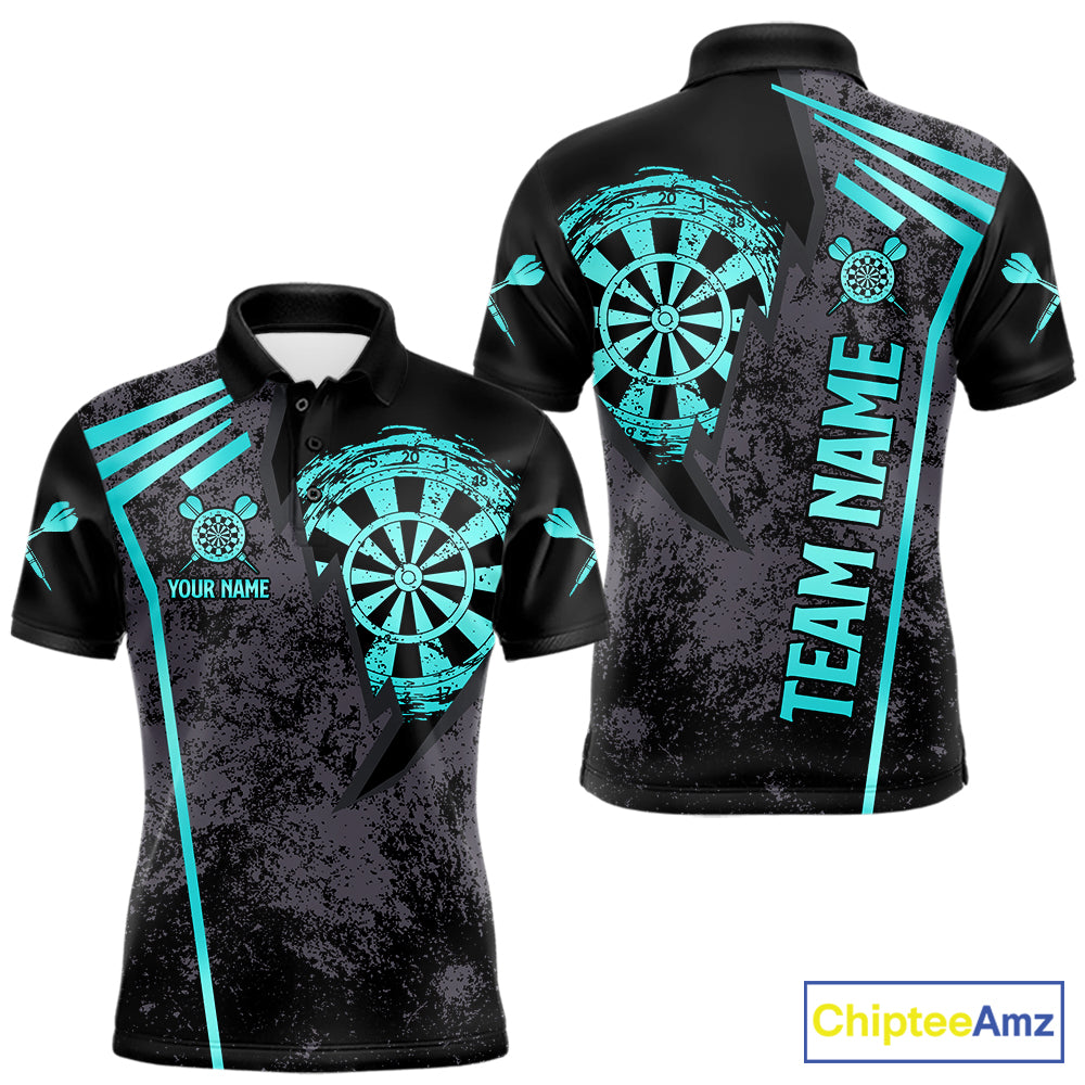 Personalized Teal Grunge Dartboard Darts Polo, Quarter Zip Shirt For Men Custom Darts Team Jersey TDM8047