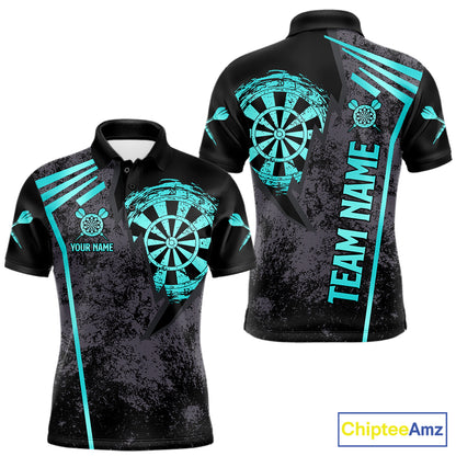 Personalized Teal Grunge Dartboard Darts Polo, Quarter Zip Shirt For Men Custom Darts Team Jersey TDM8047