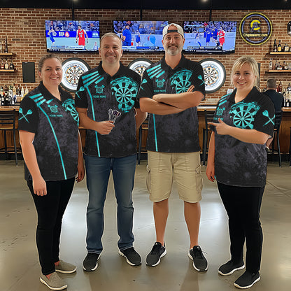 Personalized Teal Grunge Dartboard Darts Polo, Quarter Zip Shirt For Men Custom Darts Team Jersey TDM8047
