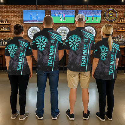 Personalized Teal Grunge Dartboard Darts Polo, Quarter Zip Shirt For Men Custom Darts Team Jersey TDM8047