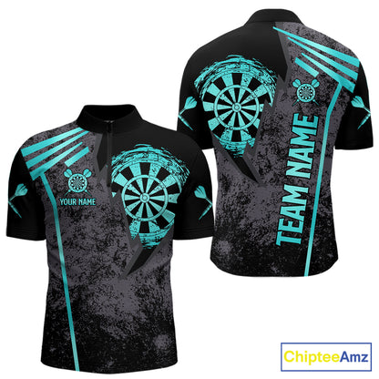 Personalized Teal Grunge Dartboard Darts Polo, Quarter Zip Shirt For Men Custom Darts Team Jersey TDM8047