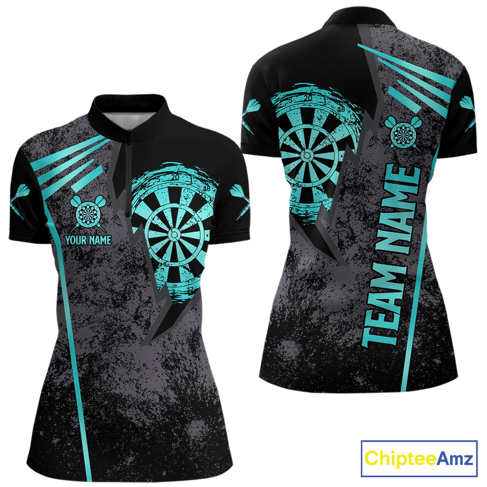 Personalized Teal Grunge Dartboard Darts Polo, Quarter Zip Shirt For Women Custom Darts Team Jersey TDM8047