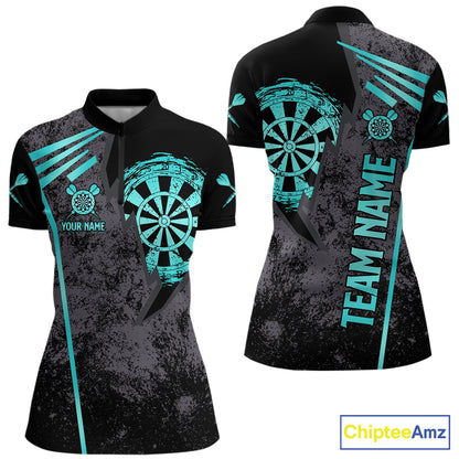 Personalized Teal Grunge Dartboard Darts Polo, Quarter Zip Shirt For Women Custom Darts Team Jersey TDM8047