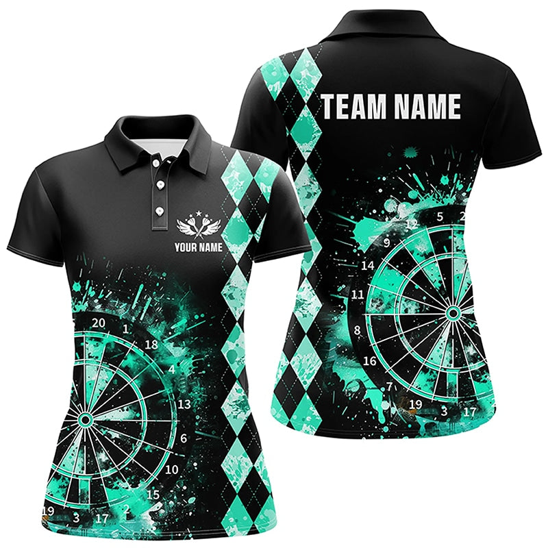 Custom Turquoise Grunge Dartboard Argyle Pattern Dart Shirts For Women, Best Darts Team Jerseys  TDM3343