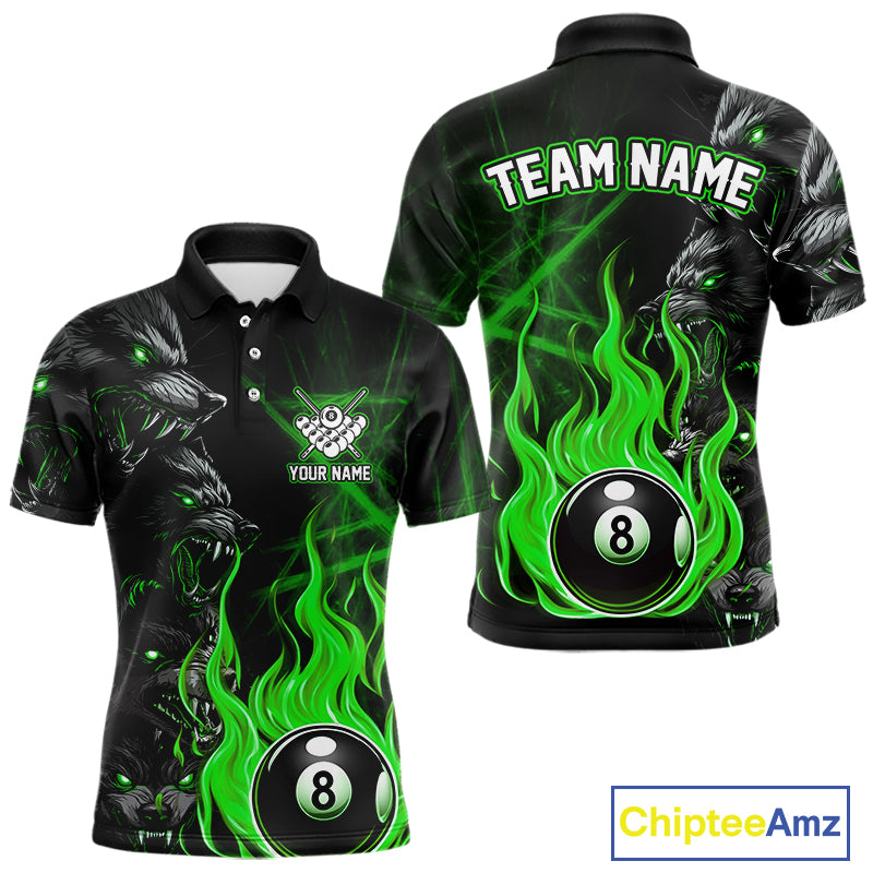 Personalized Wolf Flaming 8 Ball Pool Fire Men Billiard Shirts Team League Billiard Jerseys |Green TDM5596