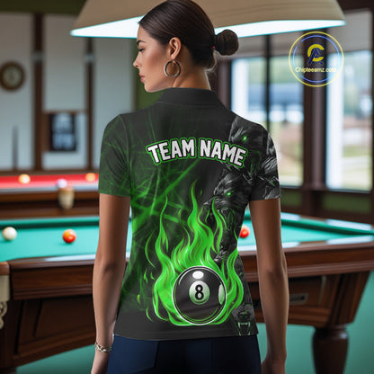 Personalized Wolf Flaming 8 Ball Pool Fire Women Billiard Shirts Team League Billiard Jerseys |Green TDM5596