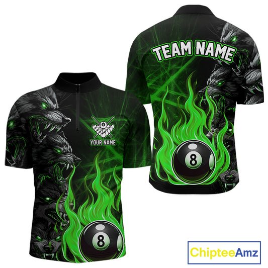 Personalized Wolf Flaming 8 Ball Pool Fire Men Billiard Shirts Team League Billiard Jerseys |Green TDM5596