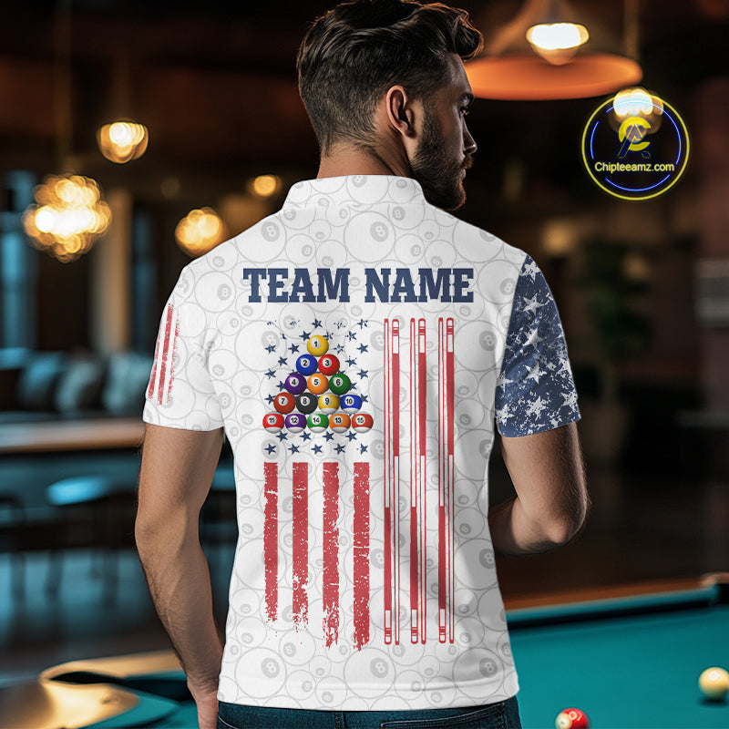 Grunge American Flag 8 Ball Billiard Shirt For Men Custom Patriotic Pool Team Jersey Polo, 1/4 Zip TDM5597