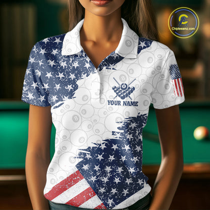 Grunge American Flag 8 Ball Billiard Shirt For Women Custom Patriotic Pool Team Jersey Polo, 1/4 Zip TDM5597