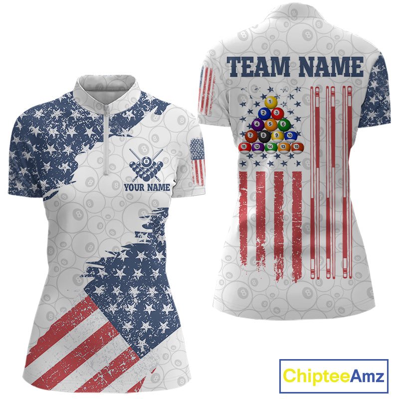 Grunge American Flag 8 Ball Billiard Shirt For Women Custom Patriotic Pool Team Jersey Polo, 1/4 Zip TDM5597