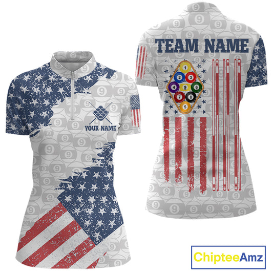 Grunge American Flag 9 Ball Billiard Shirt For Women Custom Patriotic Pool Team Jersey Polo, 1/4 Zip TDM5598