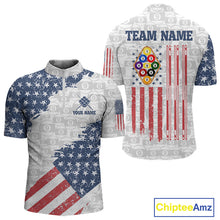 Load image into Gallery viewer, Grunge American Flag 9 Ball Billiard Shirt For Men Custom Patriotic Pool Team Jersey Polo, 1/4 Zip TDM5598