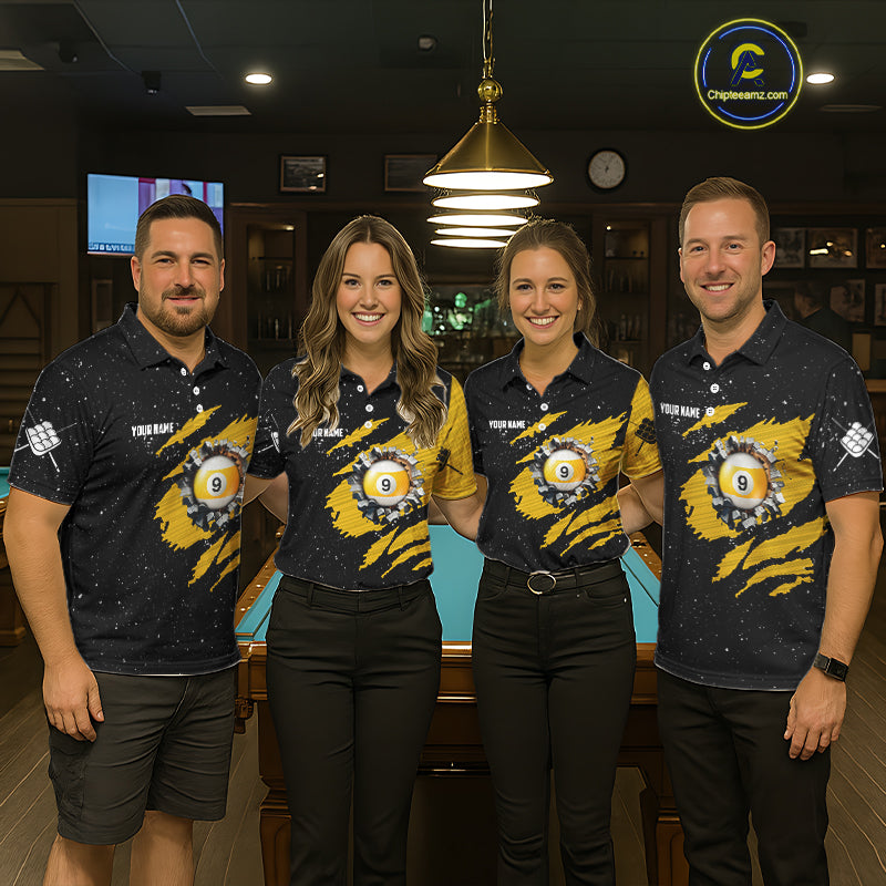 Yellow Black Grunge American Flag 9 Ball Women's Billiard Shirt Custom 9 Ball Pool Team Jersey TDM5599