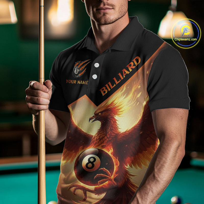 Orange 8 Ball Flame Phoenix Billiard Shirt For Men Custom Pool Team Jersey Polo & Quarter Zip TDM5603