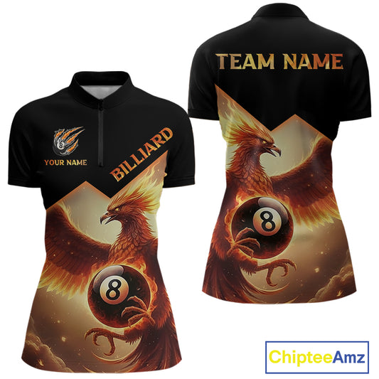 Orange 8 Ball Flame Phoenix Billiard Shirt For Women Custom Pool Team Jersey Polo & Quarter Zip TDM5603