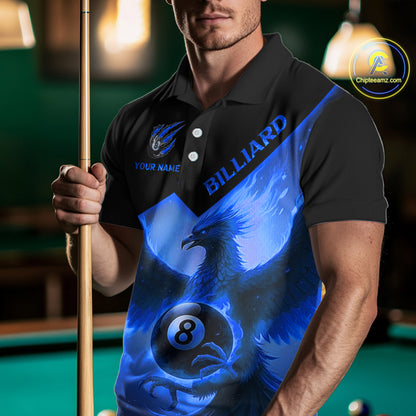Blue 8 Ball Flame Phoenix Billiard Shirt For Men Custom Pool Team Jersey Polo & Quarter Zip TDM5604