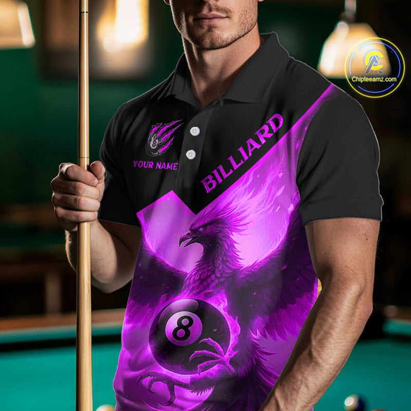 Purple 8 Ball Flame Phoenix Billiard Shirt For Men Custom Pool Team Jersey Polo & Quarter Zip TDM5605