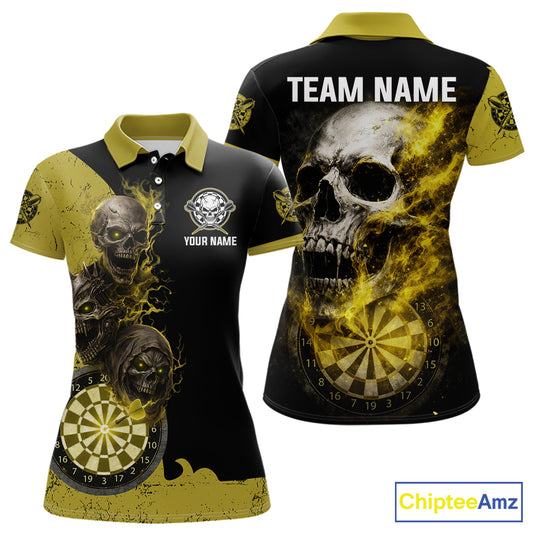 Personalized Yellow Black Skull Smoke Darts Shirt For Women Custom Darts Team Jersey Polo &1/4 Zip TDM5837