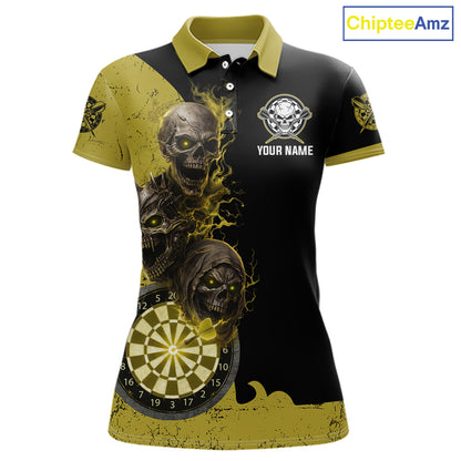 Personalized Yellow Black Skull Smoke Darts Shirt For Women Custom Darts Team Jersey Polo &1/4 Zip TDM5837