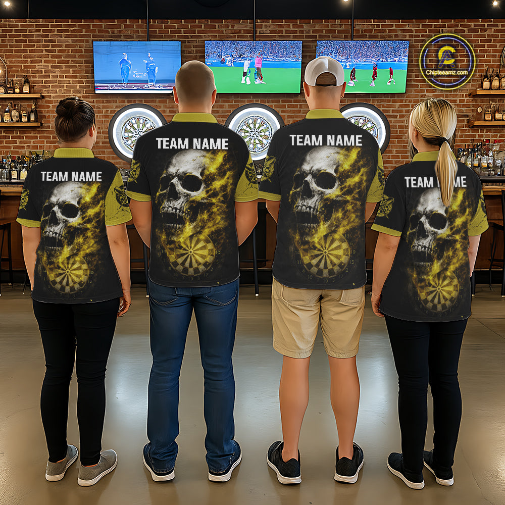 Personalized Yellow Black Skull Smoke Darts Shirt For Men Custom Darts Team Jersey Polo &1/4 Zip TDM5837
