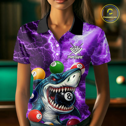 Purple Funny Shark Colorful Billiard Balls Lightning Pool Shirt For Women Custom Billiard Team Jersey TDM5840