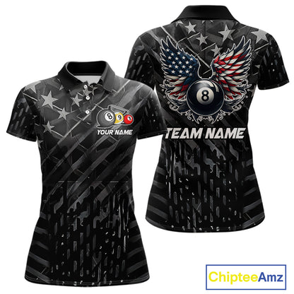 Black US Flag 8 Ball Pool Wings Billiard Shirt For Women Custom Billiard Team Jersey Polo & 1/4 Zip TDM5977