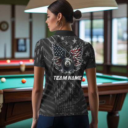 Black US Flag 8 Ball Pool Wings Billiard Shirt For Women Custom Billiard Team Jersey Polo & 1/4 Zip TDM5977