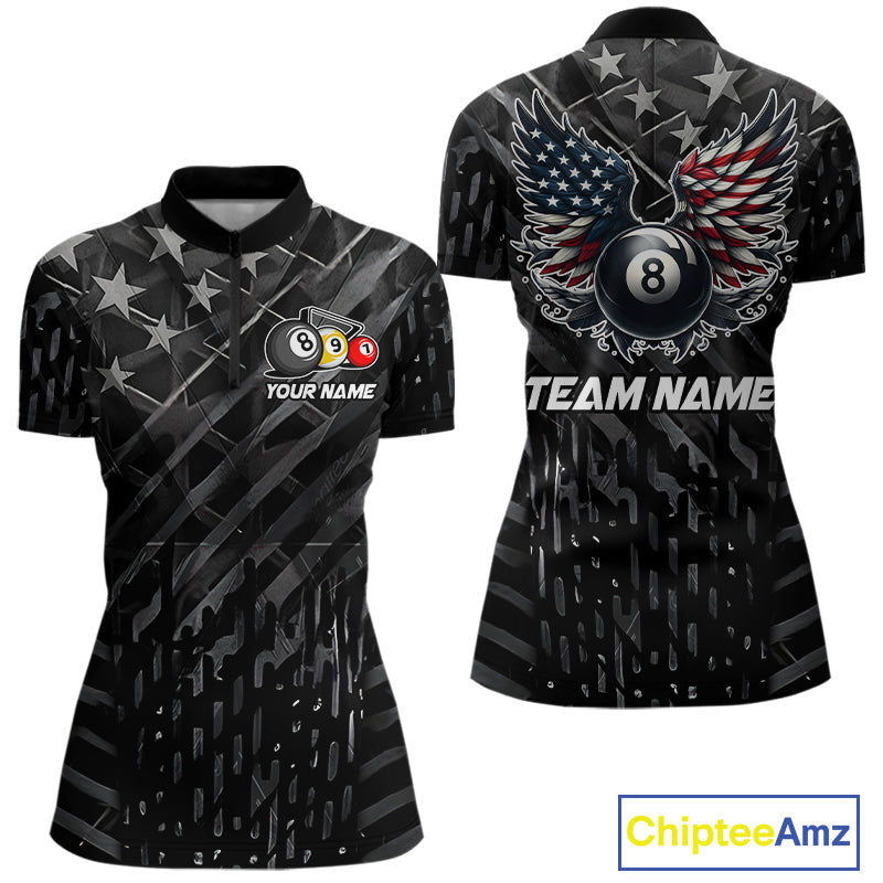 Black US Flag 8 Ball Pool Wings Billiard Shirt For Women Custom Billiard Team Jersey Polo & 1/4 Zip TDM5977