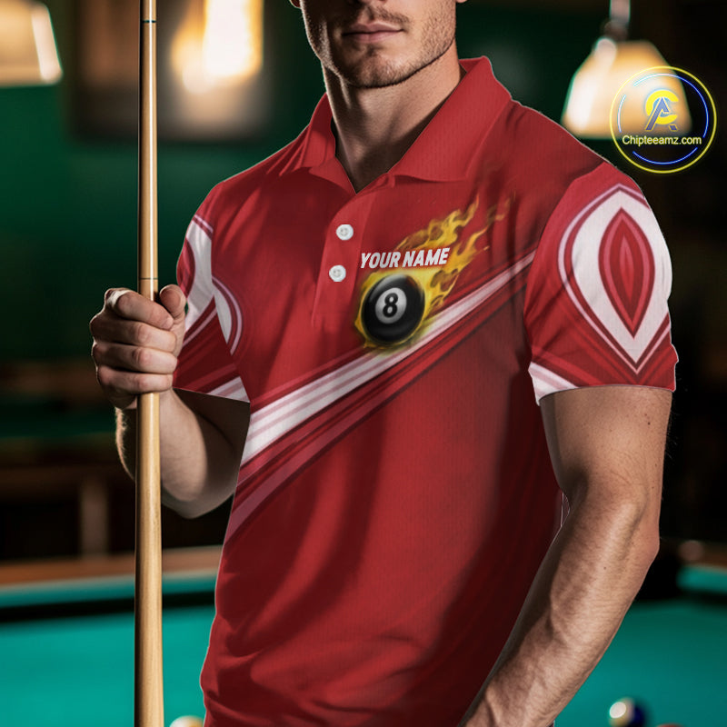 Personalized Red Billiard Jersey For Men Custom Flame 8 Ball Pool Billiard Shirt Polo & 1/4 Zip TDM6447