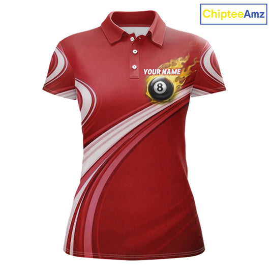 Personalized Red Billiard Jersey For Women Custom Flame 8 Ball Pool Billiard Shirt Polo & 1/4 Zip TDM6447