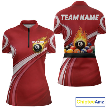 Personalized Red Billiard Jersey For Women Custom Flame 8 Ball Pool Billiard Shirt Polo & 1/4 Zip TDM6447