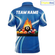 Load image into Gallery viewer, Personalized Blue Billiard Jersey For Men Custom Flame 8 Ball Pool Billiard Shirt Polo &amp; 1/4 Zip TDM6448