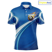 Load image into Gallery viewer, Personalized Blue Billiard Jersey For Men Custom Flame 8 Ball Pool Billiard Shirt Polo &amp; 1/4 Zip TDM6448