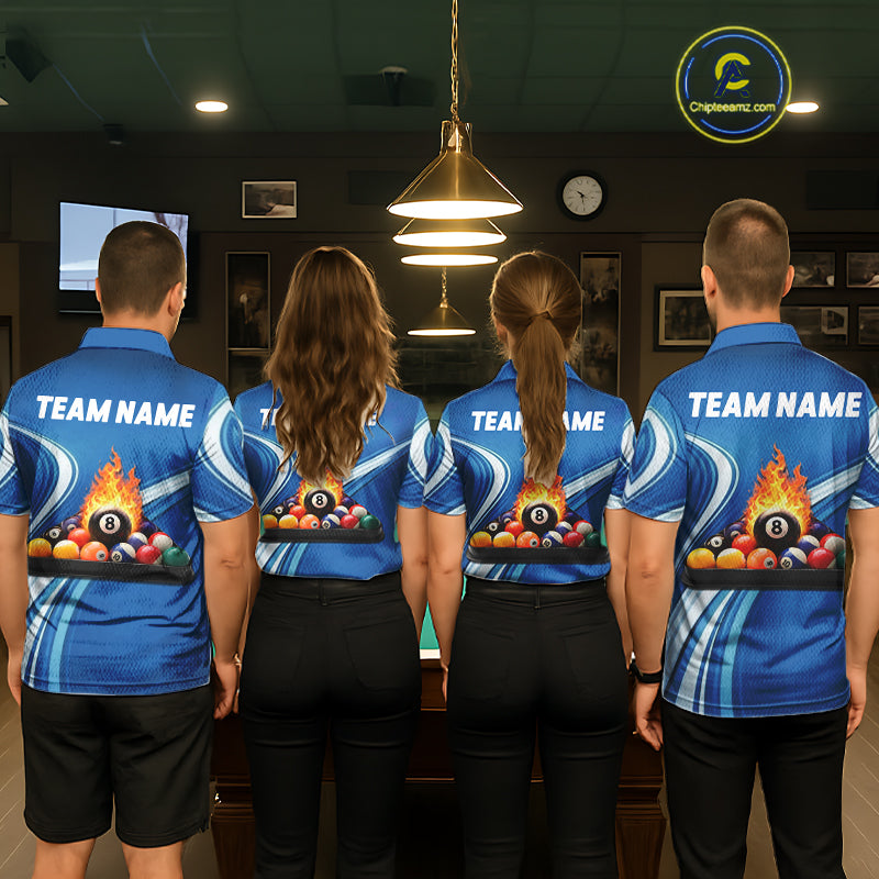 Personalized Blue Billiard Jersey For Women Custom Flame 8 Ball Pool Billiard Shirt Polo & 1/4 Zip TDM6448