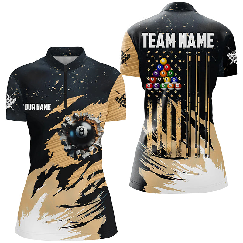 Customized Grunge American Flag 8 Ball Pool Women Billiard Shirts, Patriotic Pool Player Shirts TDM1721