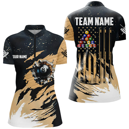 Customized Grunge American Flag 8 Ball Pool Women Billiard Shirts, Patriotic Pool Player Shirts TDM1721