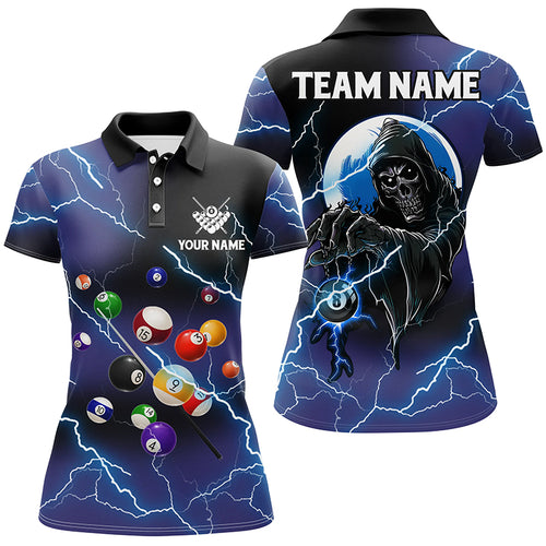Custom Death Skull Billiard Balls Thunder Lightning 3D Shirts For Women, Purple Billiard Team Jerseys TDM1725