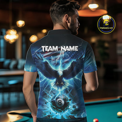 Blue American Flag Eagle Billiard Shirt For Men Custom 8 Ball Thunder Lightning Pool Team Jersey TDM4104