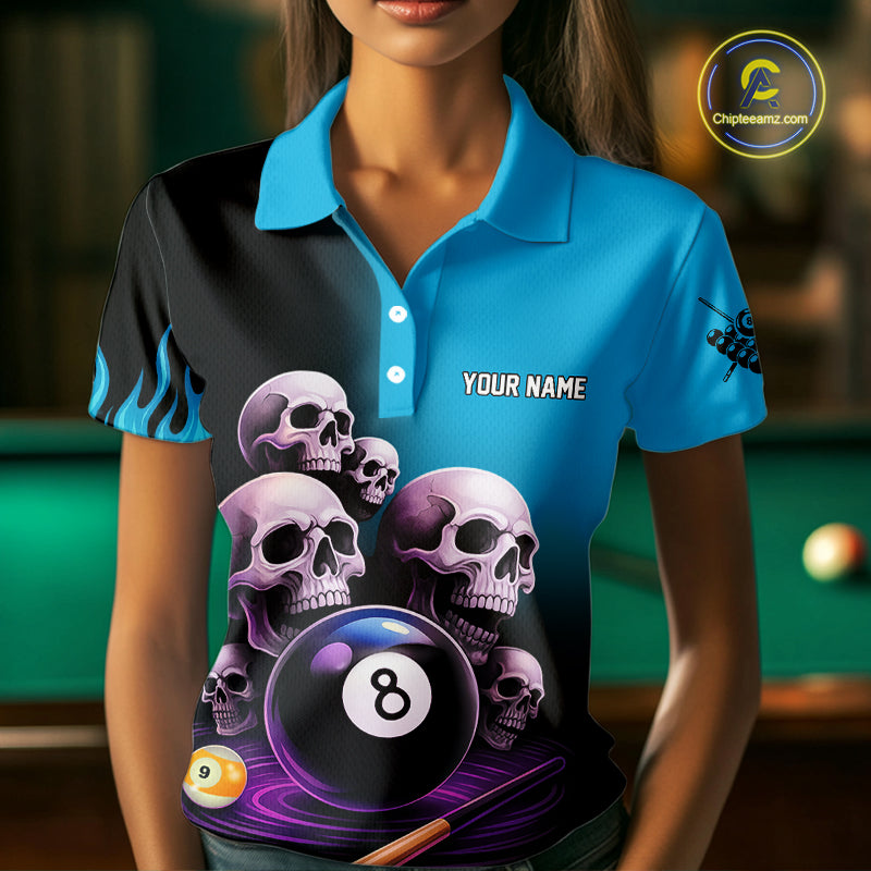 Custom Blue Flaming Grim Reaper 8 Ball Pool Billiard Shirt For Women, Funny Skull Pool Team Jersey TDM4280