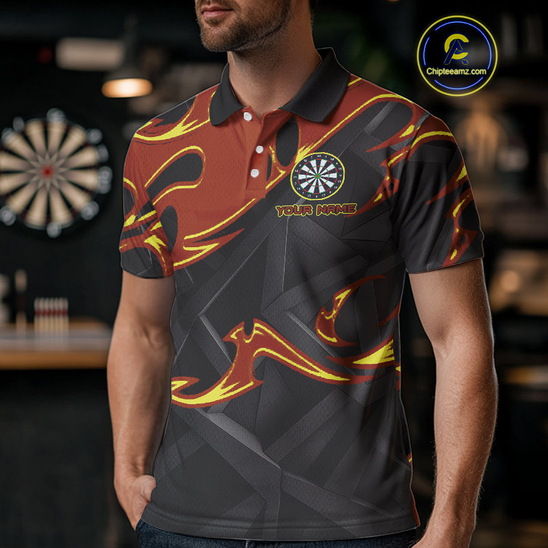 Custom Black And Orange Tribal Flame Dart Shirts For Men, Darts Team Jerseys Polo & Quarter Zip TDM4285