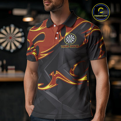 Custom Black And Orange Tribal Flame Dart Shirts For Men, Darts Team Jerseys Polo & Quarter Zip TDM4285