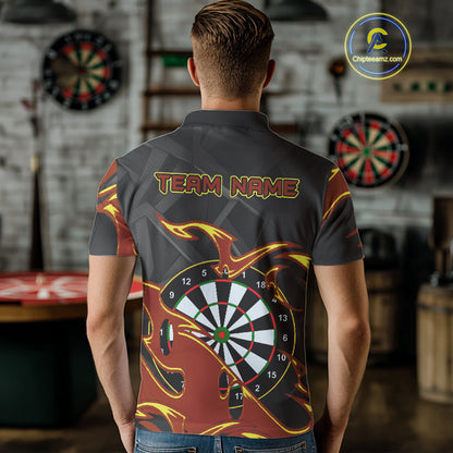 Custom Black And Orange Tribal Flame Dart Shirts For Men, Darts Team Jerseys Polo & Quarter Zip TDM4285